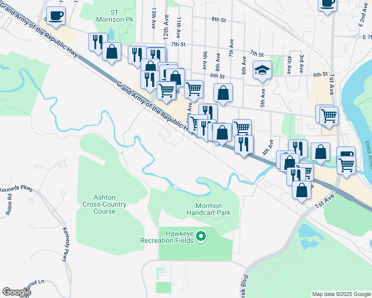 map of restaurants, bars, coffee shops, grocery stores, and more near 107 10th Avenue in Coralville