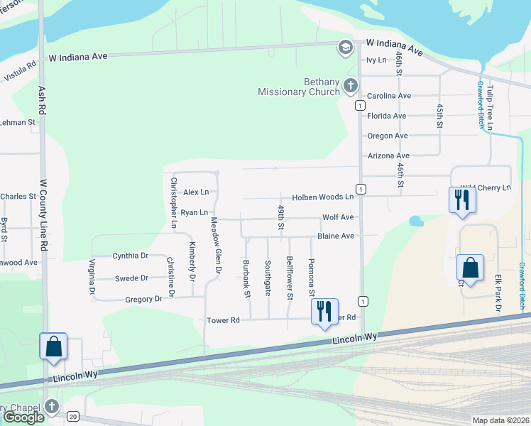 map of restaurants, bars, coffee shops, grocery stores, and more near 30287 Wolf Avenue in Elkhart