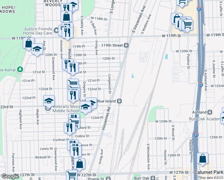 map of restaurants, bars, coffee shops, grocery stores, and more near 12201 Longwood Drive in Blue Island