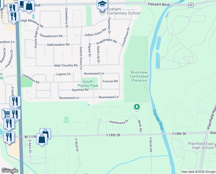 map of restaurants, bars, coffee shops, grocery stores, and more near 2219 Spartina Road in Naperville