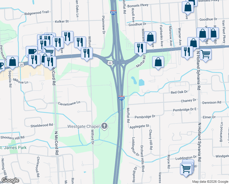 map of restaurants, bars, coffee shops, grocery stores, and more near 2804 Floex Drive in Toledo