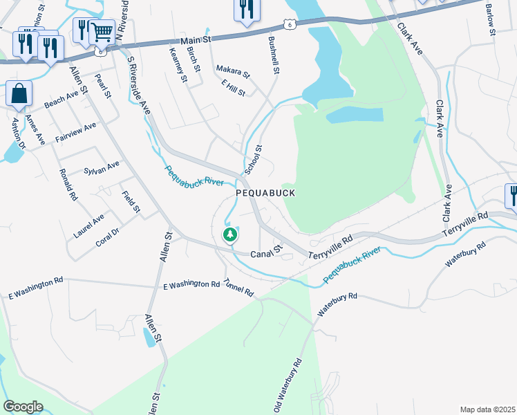 map of restaurants, bars, coffee shops, grocery stores, and more near 151 South Riverside Avenue in Plymouth