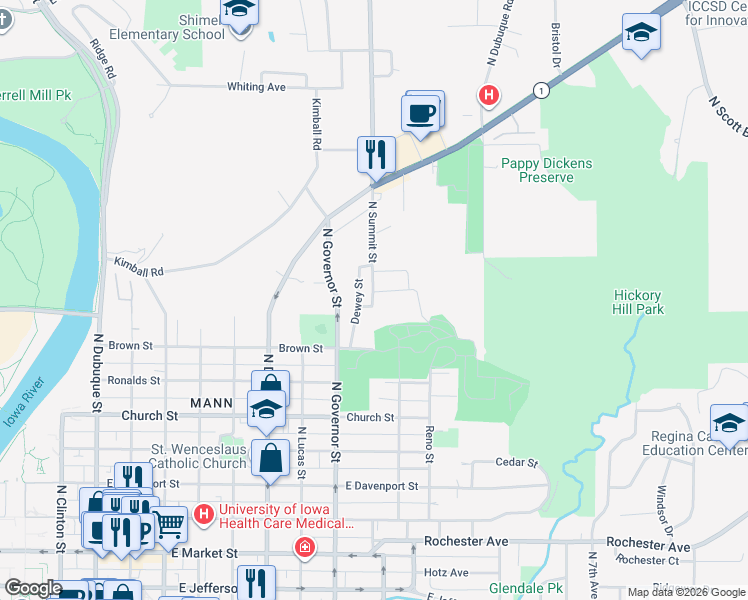 map of restaurants, bars, coffee shops, grocery stores, and more near 900 North Summit Street in Iowa City