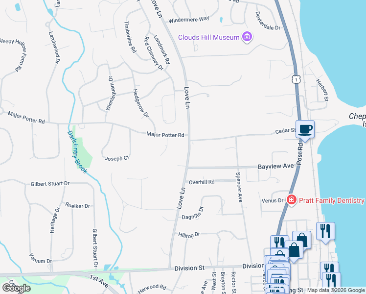 map of restaurants, bars, coffee shops, grocery stores, and more near 535 Love Lane in Warwick