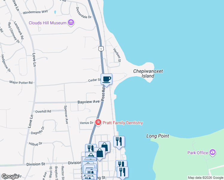 map of restaurants, bars, coffee shops, grocery stores, and more near 68 Oak Grove Street in East Greenwich