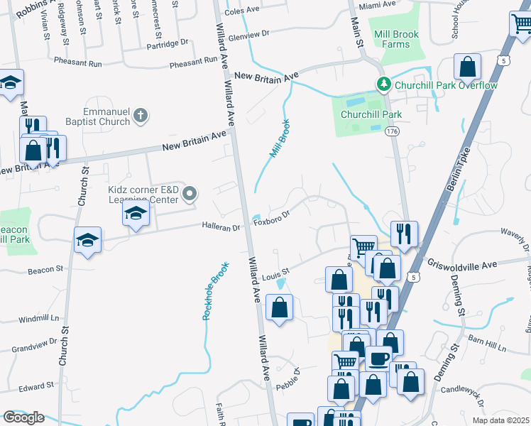 map of restaurants, bars, coffee shops, grocery stores, and more near 47 Hunters Lane in Newington