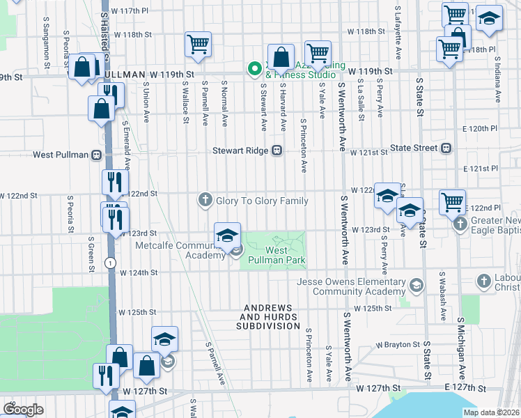 map of restaurants, bars, coffee shops, grocery stores, and more near 12227 South Eggleston Avenue in Chicago