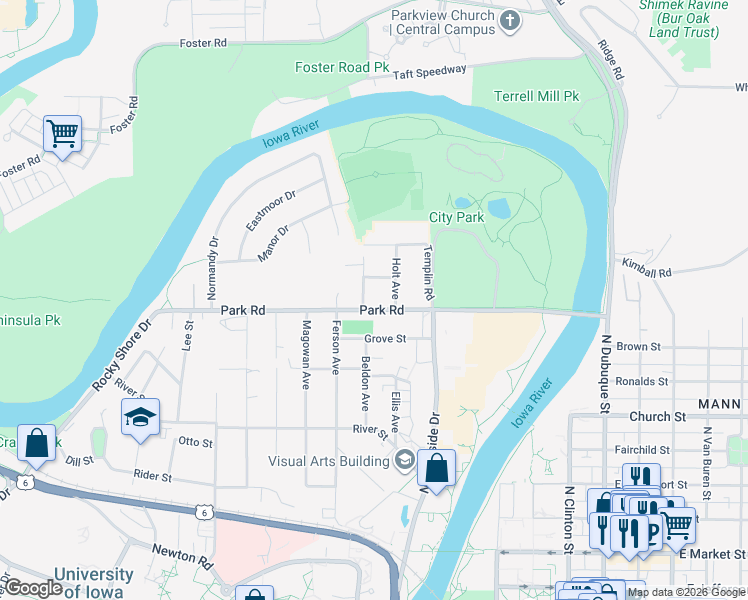 map of restaurants, bars, coffee shops, grocery stores, and more near 501 Beldon Avenue in Iowa City