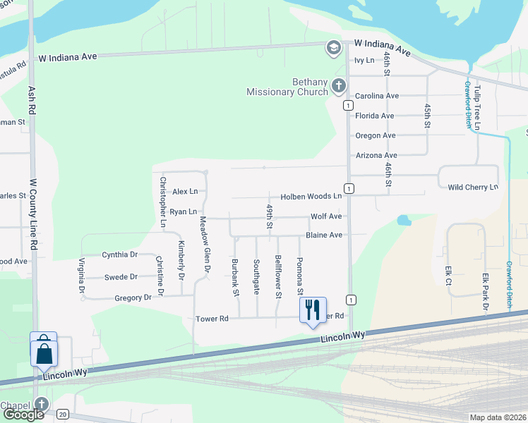 map of restaurants, bars, coffee shops, grocery stores, and more near 30287 Wolf Avenue in Elkhart