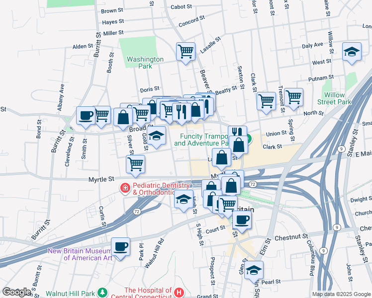 map of restaurants, bars, coffee shops, grocery stores, and more near 144 High Street in New Britain