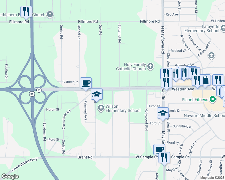 map of restaurants, bars, coffee shops, grocery stores, and more near 56601 Butternut Road in South Bend