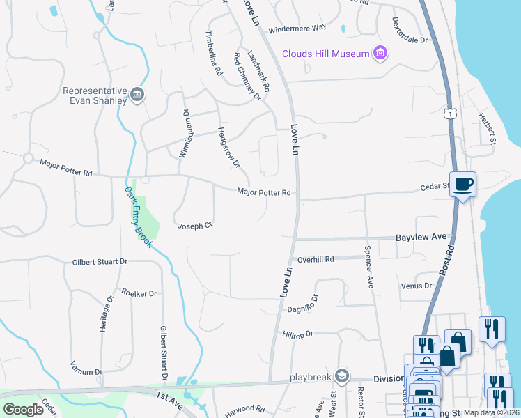 map of restaurants, bars, coffee shops, grocery stores, and more near 31 Indian Hill Road in Warwick