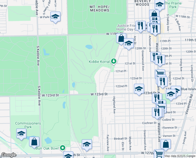 map of restaurants, bars, coffee shops, grocery stores, and more near 12235 Fairway Circle in Blue Island