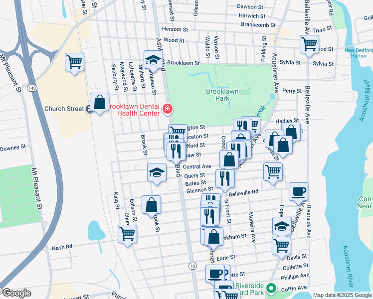map of restaurants, bars, coffee shops, grocery stores, and more near 275 Shaw Street in New Bedford