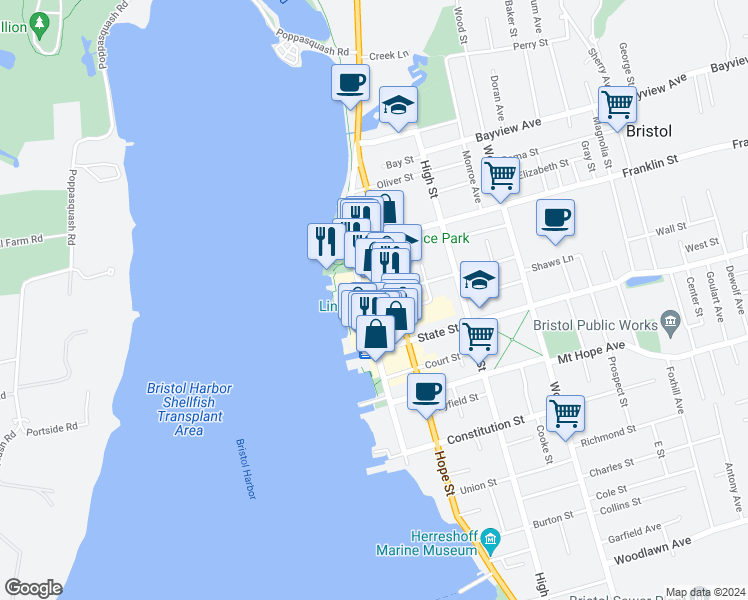 map of restaurants, bars, coffee shops, grocery stores, and more near 343 Thames Street in Bristol