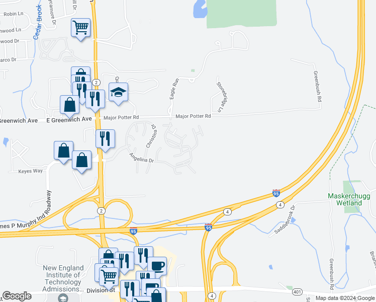 map of restaurants, bars, coffee shops, grocery stores, and more near 23 Eagle Run in East Greenwich