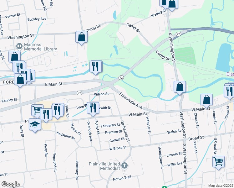 map of restaurants, bars, coffee shops, grocery stores, and more near 19 Bohemia Street in Plainville