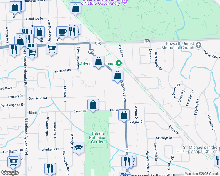 map of restaurants, bars, coffee shops, grocery stores, and more near 2722 Westmar Court in Toledo