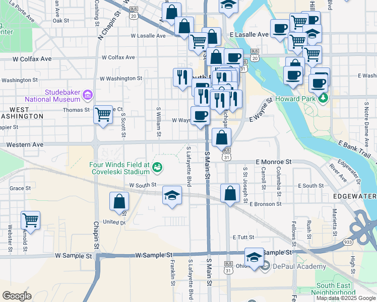 map of restaurants, bars, coffee shops, grocery stores, and more near 432 South Lafayette Boulevard in South Bend