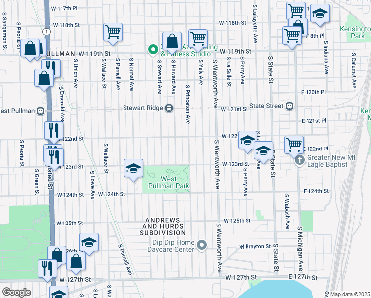 map of restaurants, bars, coffee shops, grocery stores, and more near 12230 South Princeton Avenue in Chicago
