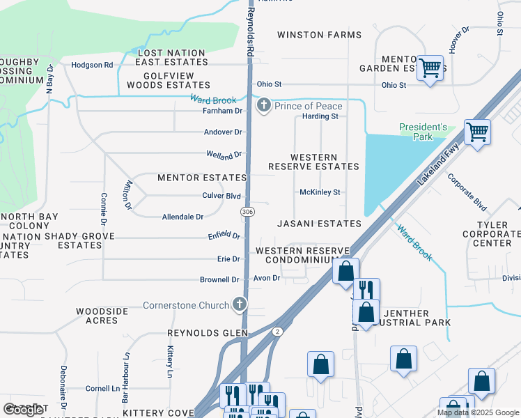 map of restaurants, bars, coffee shops, grocery stores, and more near 7325 Reynolds Road in Mentor