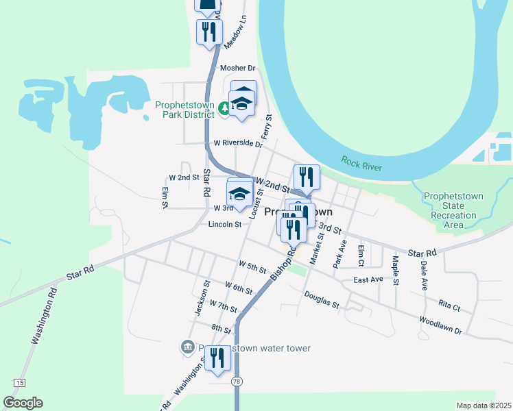 map of restaurants, bars, coffee shops, grocery stores, and more near 301 West 3rd Street in Prophetstown