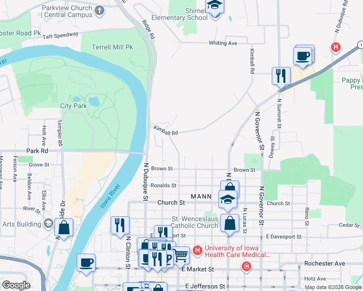 map of restaurants, bars, coffee shops, grocery stores, and more near 908 North Gilbert Street in Iowa City