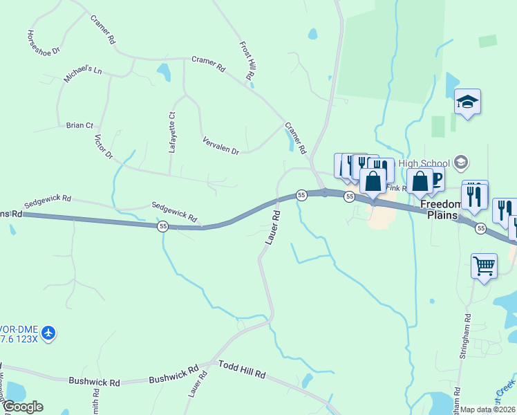 map of restaurants, bars, coffee shops, grocery stores, and more near 1025 Freedom Plains Road in Poughkeepsie