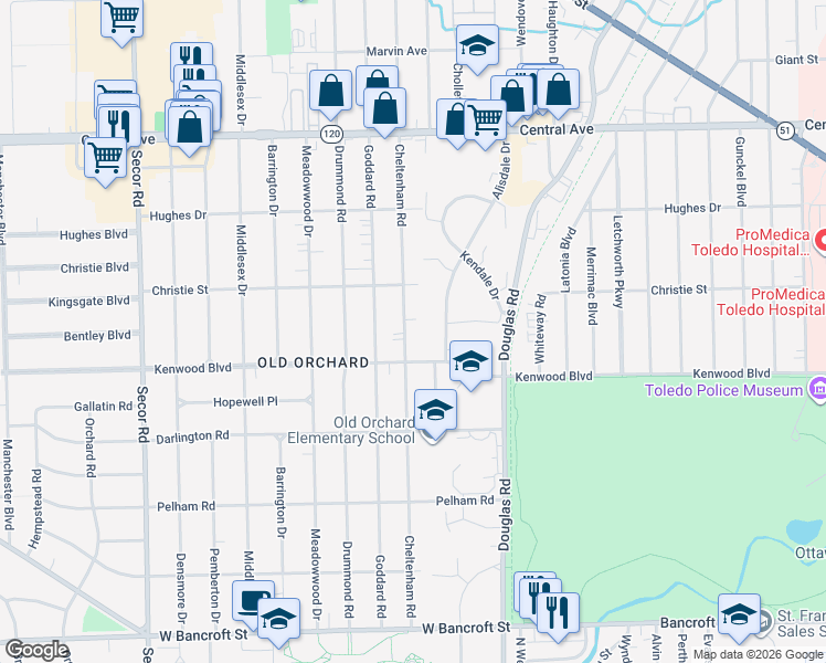 map of restaurants, bars, coffee shops, grocery stores, and more near 2626 Cheltenham Road in Toledo