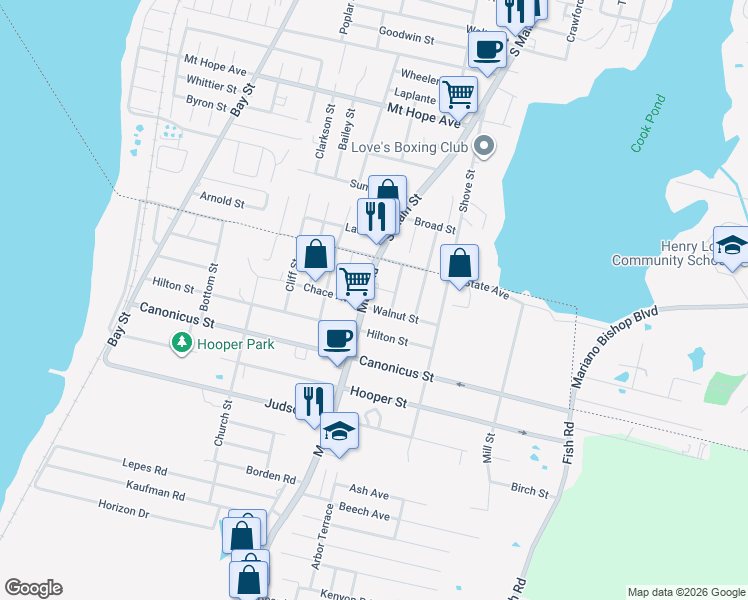 map of restaurants, bars, coffee shops, grocery stores, and more near 20 Walnut Street in Tiverton