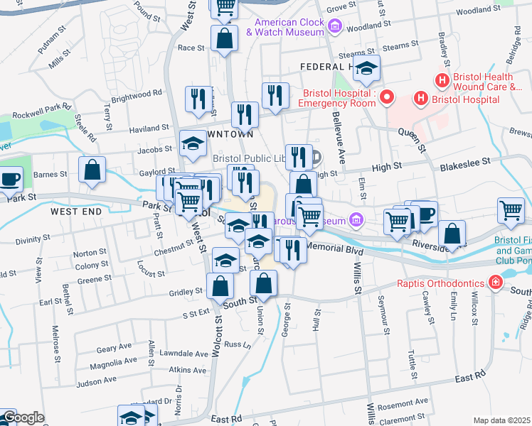 map of restaurants, bars, coffee shops, grocery stores, and more near 51 North Main Street in Bristol