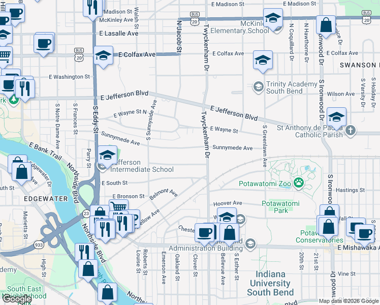 map of restaurants, bars, coffee shops, grocery stores, and more near 1412 Sunnymede Avenue in South Bend
