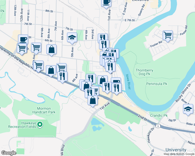 map of restaurants, bars, coffee shops, grocery stores, and more near 305 2nd Avenue in Coralville