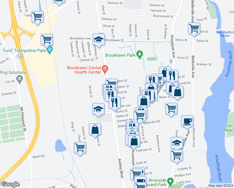 map of restaurants, bars, coffee shops, grocery stores, and more near 160 Clifford Street in New Bedford