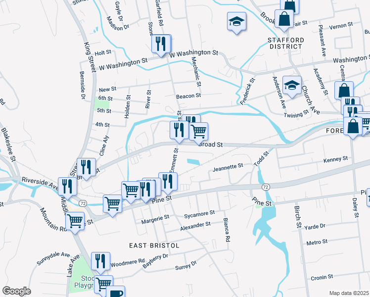 map of restaurants, bars, coffee shops, grocery stores, and more near 409 Broad Street in Bristol