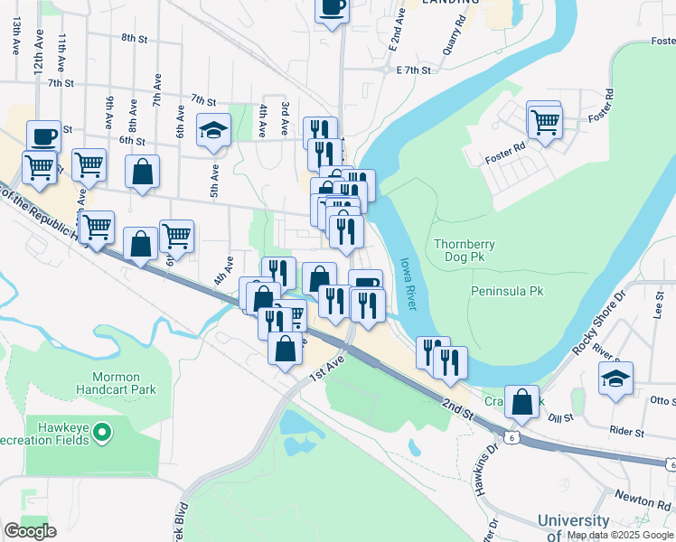 map of restaurants, bars, coffee shops, grocery stores, and more near 232 1st Ave in Coralville