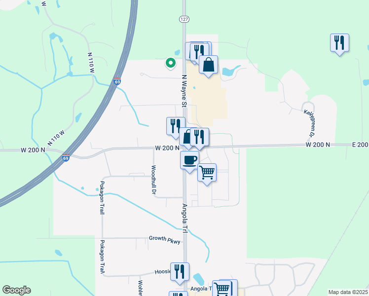 map of restaurants, bars, coffee shops, grocery stores, and more near 3300 North Wayne Street in Angola