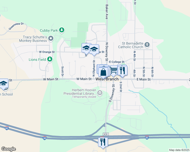 map of restaurants, bars, coffee shops, grocery stores, and more near 137 West Main Street in West Branch