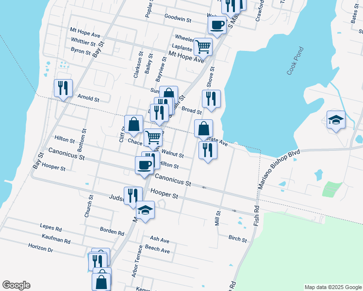 map of restaurants, bars, coffee shops, grocery stores, and more near 42 Clement Street in Tiverton