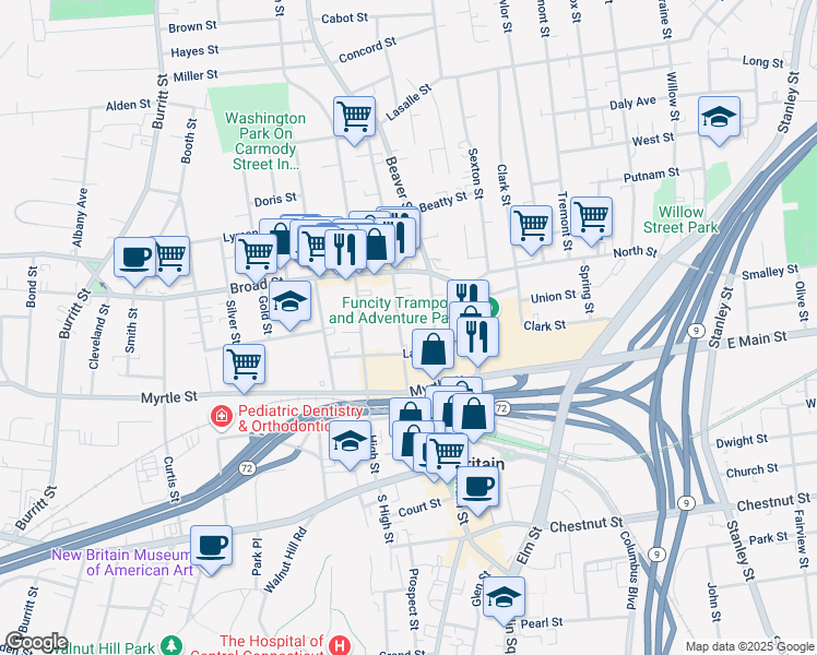 map of restaurants, bars, coffee shops, grocery stores, and more near 150 Washington Street in New Britain