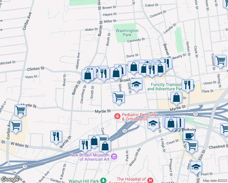 map of restaurants, bars, coffee shops, grocery stores, and more near 50 Booth Street in New Britain