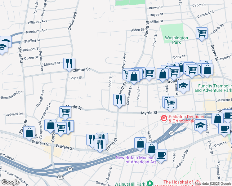map of restaurants, bars, coffee shops, grocery stores, and more near 226 Burritt Street in New Britain