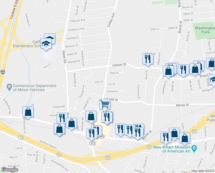 map of restaurants, bars, coffee shops, grocery stores, and more near 20 Richard Street in New Britain