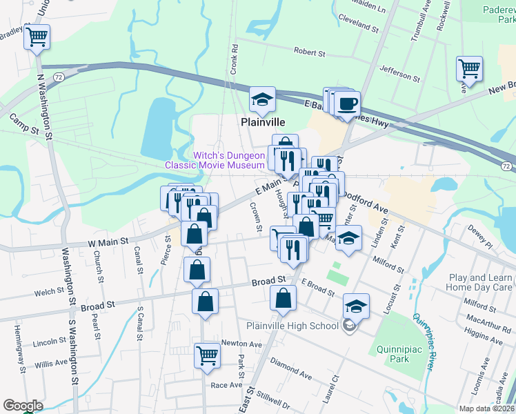 map of restaurants, bars, coffee shops, grocery stores, and more near 11 Crown Street in Plainville