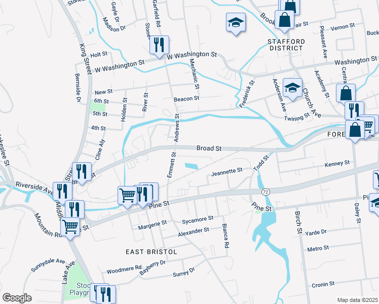 map of restaurants, bars, coffee shops, grocery stores, and more near 409 Broad Street in Bristol