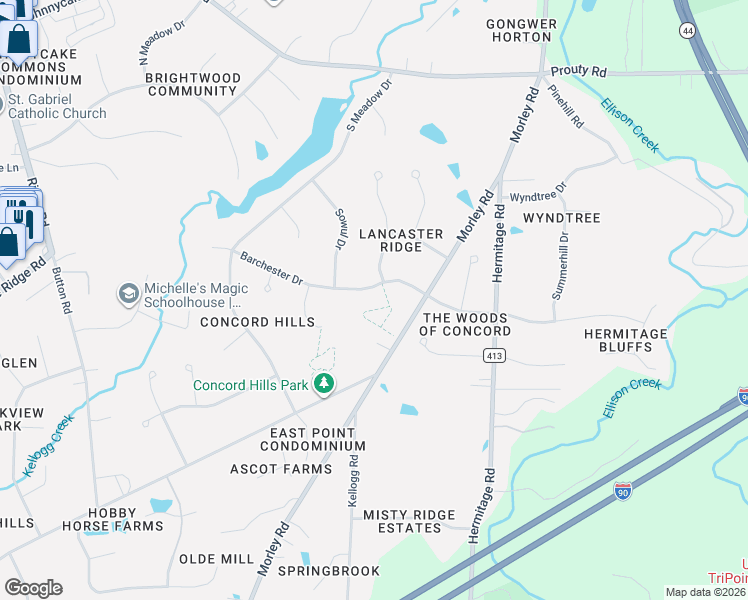 map of restaurants, bars, coffee shops, grocery stores, and more near 10366 Barchester Drive in Painesville