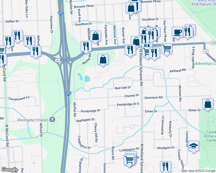 map of restaurants, bars, coffee shops, grocery stores, and more near 6109 Red Oak Drive in Toledo