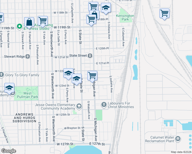 map of restaurants, bars, coffee shops, grocery stores, and more near 119 East 122nd Place in Chicago