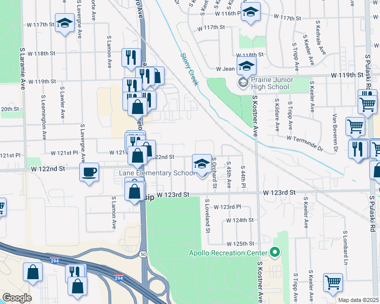 map of restaurants, bars, coffee shops, grocery stores, and more near 12201 South Rexford Avenue in Chicago