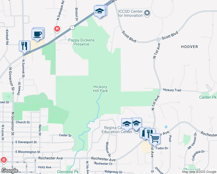 map of restaurants, bars, coffee shops, grocery stores, and more near 510 Woodridge in Iowa City